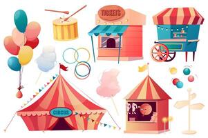 Circus set graphic elements in flat design. Bundle of stalls with tickets, food kiosk, balloons, cotton candy, pointer, shooting gallery, carnival circus marquee. Vector illustration isolated objects