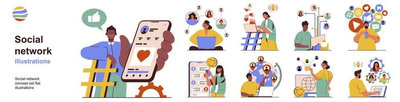 Social network concept with character situations collection. Bundle of scenes people use mobile applications for communicate online in chats and messengers. Vector illustrations in flat web design