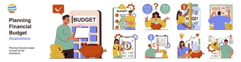 Planning financial budget concept with character situations collection. Bundle of scenes people analyze expense and income items, calculate finance in app. Vector illustrations in flat web design