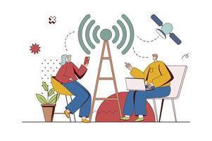 inalámbrico tecnología concepto con personaje situación en plano diseño. mujer y hombre utilizando Wifi punto de acceso a obtener Internet acceso desde teléfono inteligente o ordenador portátil. vector ilustración con personas escena para web