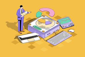 Business statistic concept in 3d isometric design. Man analyzes data and making financial report, studies charts of market research. Vector isometry illustration with people scene for web graphic