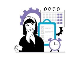 puesta en marcha concepto con personaje situación. mujer piensa y lluvias de ideas, planes en calendario y listas de control, desarrolla exitoso negocio. vector ilustración con personas escena en plano diseño para web