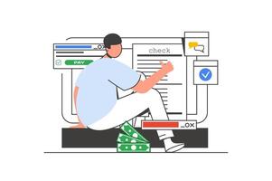 en línea pago contorno web concepto con personaje escena. hombre recibe digital cheque y hace pago. personas situación en plano línea diseño. vector ilustración para social medios de comunicación márketing material.