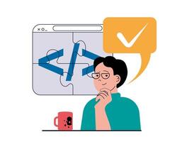 Programming software concept with character situation. Man generates ideas and finds creative solutions to optimize and fix program code. Vector illustration with people scene in flat design for web