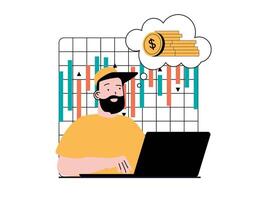 Stock trading concept with character situation. Man earns money trading stocks on exchange, analyzes indices and trends, works on laptop. Vector illustration with people scene in flat design for web