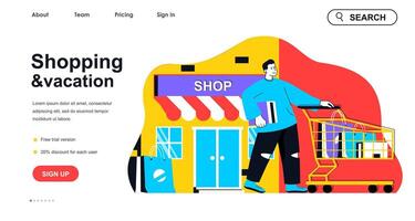 Shopping and vacation concept for landing page template. Man shopping in store on travel and walking with purchase cart, people scene. Vector illustration with flat character design for web banner