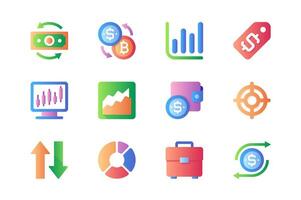 Trading icons set in color flat design. Pack of money, investment, profit, exchange, data analysis, dollar, forex, wallet, target, briefcase and other. Vector pictograms for web sites and mobile app