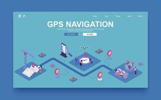 GPS navigation concept 3d isometric landing page template. People use online maps in applications, create and track routes with location search. Vector illustration in isometry graphic design.