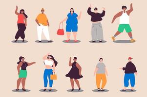 Body-positive people set in flat design. Women and men in modern plus-size outfits and different figure types. Bundle of diverse multiracial characters. Vector illustration isolated persons for web