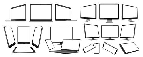 Realistic electronic devices mega set in flat graphic design. Collection elements of different mockups of laptops, widescreen tv, cellphones, computers, tablets with empty screen. Vector illustration.