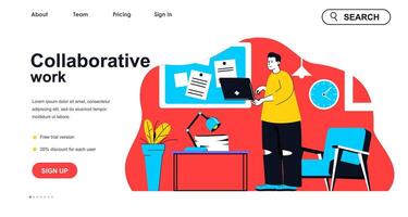 Collaborative work concept for landing page template. Employee works with colleagues, contacting online by laptop. Teamwork people scene. Vector illustration with flat character design for web banner