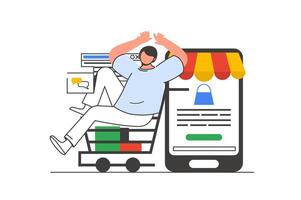 Mobile commerce outline web concept with character scene. Man making online purchases, ordering in app. People situation in flat line design. Vector illustration for social media marketing material.