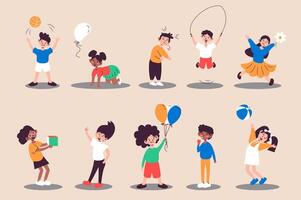 niños jugando conjunto en plano diseño. Niños y muchachas con pelotas, cubo, globos, come caramelo o bebidas haz de diverso personas y multirracial caracteres. vector ilustración aislado personas para web