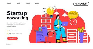 Startup coworking concept for landing page template. Woman works at laptop with creative ideas. Employee in open office people scene. Vector illustration with flat character design for web banner