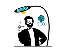 Save Earth concept with character situation. Eco friendly man uses lamp with solar panels, alternative energy and saving natural resources. Vector illustration with people scene in flat design for web