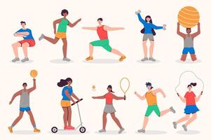 personas hacer aptitud conjunto en plano diseño. hombres y mujer correr, hacer ejercicio con pesas y pelotas, cuerda saltar, yoga asanas haz de diverso caracteres. vector ilustración aislado personas para web