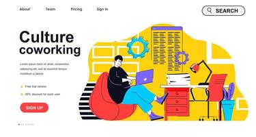 Culture coworking concept for landing page template. Employee working on laptop in office center. Workplace organization people scene. Vector illustration with flat character design for web banner