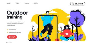 Outdoor training concept for landing page template. Man exercises on horizontal bar and woman meditates. Healthy lifestyle people scene. Vector illustration with flat character design for web banner