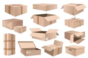 Carton boxes set graphic elements in flat design. Bundle of different open and closed cardboard boxes for packing parcels, transportation and relocation items. Vector illustration isolated objects