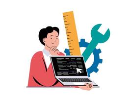 Programming software concept with character situation. Man working with code at laptop, finding new solutions, fixing bugs and testing. Vector illustration with people scene in flat design for web