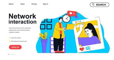 Network interaction concept for landing page template. Man likes post with woman photo on social networks. Blog followers people scene. Vector illustration with flat character design for web banner