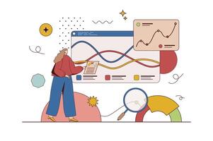 negocio estadística concepto con personaje situación en plano diseño. mujer análisis datos y financiero Estadísticas de desarrollo de compañía, escribe informe. vector ilustración con personas escena para web