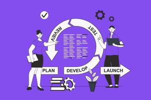 Agile development web concept with character scene in flat design. People working and develop software, test, review and other devops cycle. Vector illustration for social media marketing material.