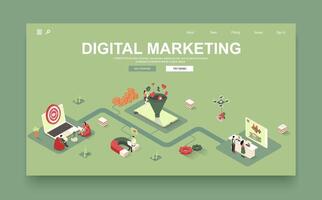 Digital marketing concept 3d isometric landing page template. People work in advertising agency, analyze audience, use targeting and sales funnel. Vector illustration in isometry graphic design.