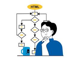 Web development concept with character situation. Man developer coding and creates algorithms, finding solutions and settings project. Vector illustration with people scene in flat design for web