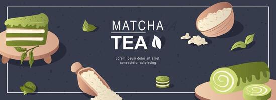 matcha té horizontal web bandera. verde pastel, polvo en cucharón y bol, rollos, hojas de tradicional japonés sano beber. vector ilustración para encabezamiento sitio web, cubrir plantillas en moderno diseño