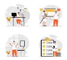 Medicine concept with character set. Collection of scenes people works as doctor and nurses, doing online consults, diagnose patients and prescribe treatment. Vector illustrations in flat web design