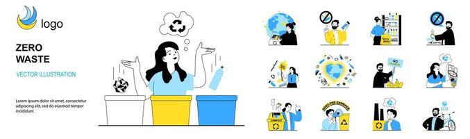 Zero waste concept with character situations collection. Bundle of scenes people lead eco friendly lifestyle, take care of environment, do not use plastic. Vector illustrations in flat web design