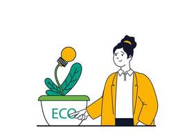 verde energía concepto con personaje situación. mujer usos alternativa y ecológico energía fuente a generar electricidad, proteger naturaleza. vector ilustración con personas escena en plano diseño para web