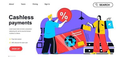 Cashless payments concept for landing page template. Customers shopping, pays for purchases with credit card. Online banking people scene. Vector illustration with flat character design for web banner
