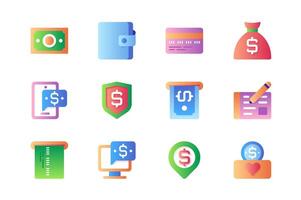 Payment icons set in color flat design. Pack of money, wallet, credit card, bag, message, protection shield, atm cash, dollar, buy, purchase and other. Vector pictograms for web sites and mobile app