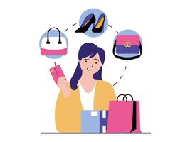 compras concepto con personaje situación. mujer elegir nuevo ropa y zapatos, haciendo lote de compras y pago con crédito tarjeta. vector ilustración con personas escena en plano diseño para web