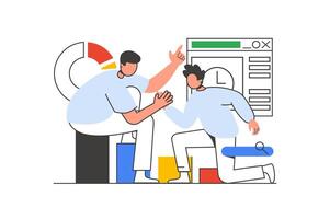 Teamwork outline web concept with character scene. Men collaborating and cooperating at work project. People situation in flat line design. Vector illustration for social media marketing material.