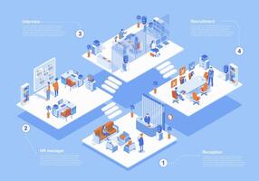 HR agency concept 3d isometric web scene with infographic. People wait at reception, managers working at office, recruitment and job interview in room. Vector illustration in isometry graphic design