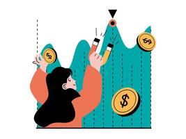 Stock trading concept with character situation. Woman analyzes financial chart and attracts positive trend with magnet to increases income. Vector illustration with people scene in flat design for web