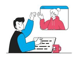 Lanza libre concepto con personaje situación. hombre trabajando en ordenador portátil y discute Tareas con colega a pantalla en grupo vídeo charlar. vector ilustración con personas escena en plano diseño para web