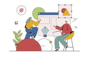 Creative agency concept with character situation in flat design. Woman and man working as digital artists and developing visual content of art project. Vector illustration with people scene for web