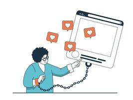 Internet adiccion concepto con personaje situación. mujer encadenado a artilugio y obsesionado hojeada y coleccionar gustos en social redes vector ilustración con personas escena en plano diseño para web