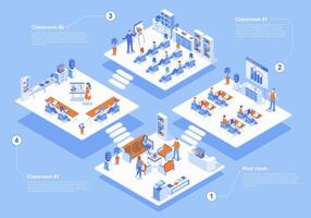 Business training concept 3d isometric web scene with infographic. People working in classrooms, team at meeting listening teacher in conference room. Vector illustration in isometry graphic design