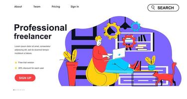 Professional freelancer concept for landing page template. Man works on laptop from home and doing remote job. Home office people scene. Vector illustration with flat character design for web banner