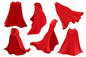 Superhero red cape set graphic elements in flat design. Bundle of fabric silk cloak in front, side and back view, flowing and flying comic masquerade costume. Vector illustration isolated objects