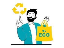 Save Earth concept with character situation. Man environmental activist uses textile eco shopping bag and calls for recycling and reusable. Vector illustration with people scene in flat design for web