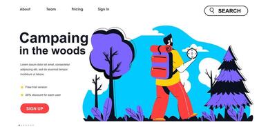 Camping in woods concept for landing page template. Man with backpack and compass goes on hike at forest. Outdoor activity people scene. Vector illustration with flat character design for web banner