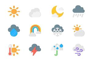 Weather 3d icons set. Pack flat pictograms of sun, cloud, moon, rain, drop, rainbow, snowflake, cloudy, hot temperature, wind, meteorology forecast. Vector elements for mobile app and web design