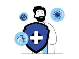 Medical concept with character situation. Doctor holds shield, protects health and immunity from diseases and viruses, makes vaccination. Vector illustration with people scene in flat design for web