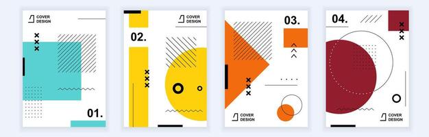 Abstract brochure covers set in modern minimal geometric design. Memphis style background templates with elements composition and textures in A4 format for business book identity. Vector illustration